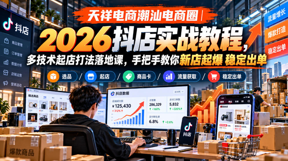 天祥电商潮汕电商圈｜2026抖店实战教程，多技术起店打法落地课，手把手教你新店起爆稳定出单-副业资源站