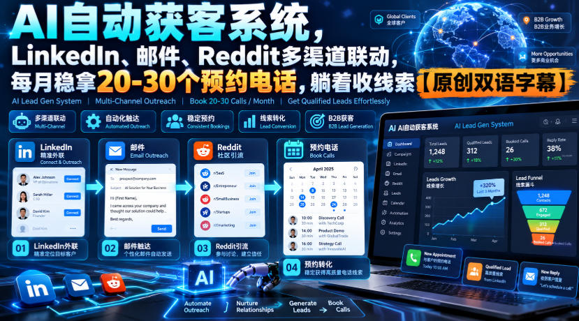 【无水印】AI自动获客系统，LinkedIn、邮件、Reddit多渠道联动，每月稳拿20-30个预约电话，躺着收线索【原创双语字幕】-副业资源站