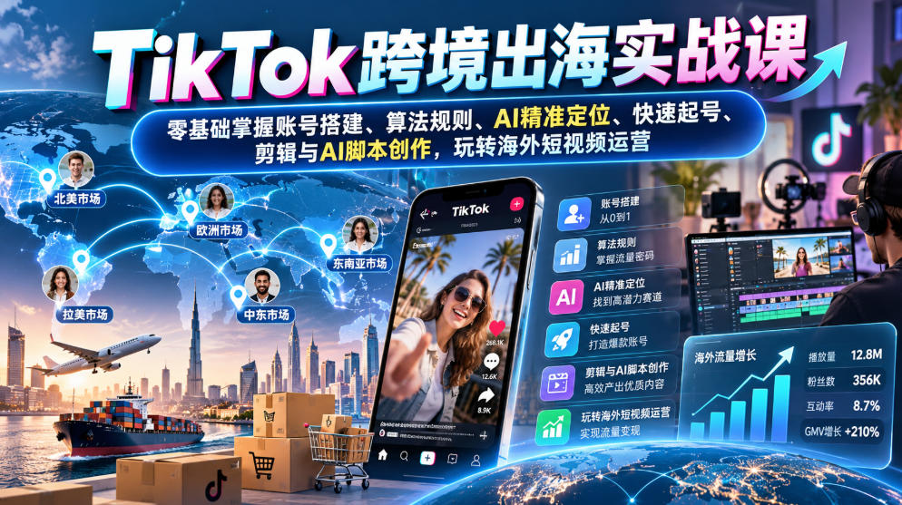 TikTok跨境出海实战课：零基础掌握账号搭建、算法规则、AI精准定位、快速起号、剪辑与AI脚本创作，玩转海外短视频运营-副业资源站
