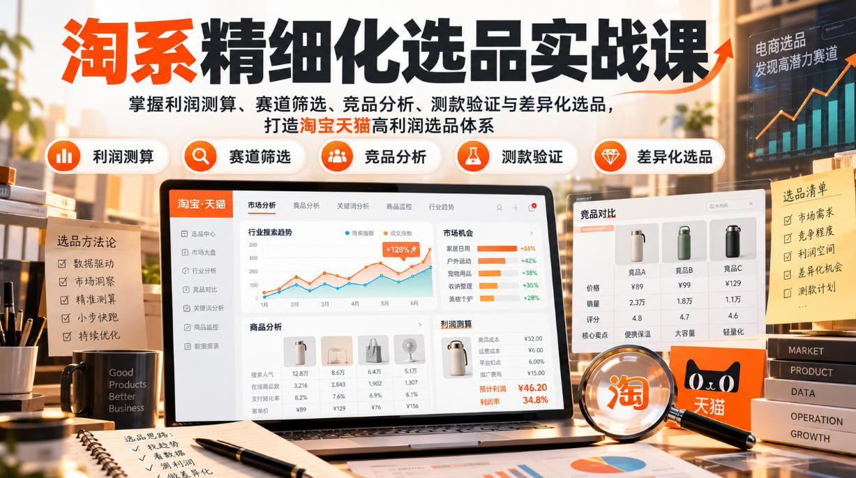 货架电商精细化选品实战课：掌握利润测算、赛道筛选、竞品分析、测款验证与差异化选品，打造淘宝天猫高利润选品体系-副业资源站