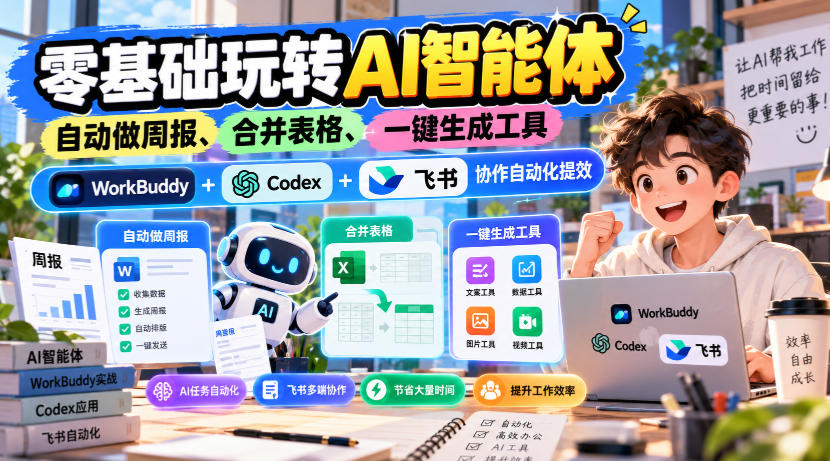 【无水印】零基础玩转AI智能体，自动做周报、合并表格、一键生成工具，WorkBuddy+Codex + 飞书协作自动化提效-副业资源站