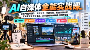 【无水印】AI自媒体全能实战课，掌握AI视频创作、爆款起号、剪映剪辑、抖音流量运营、直播带货与商业变现，从零基础到自媒体全链路实操-副业资源站