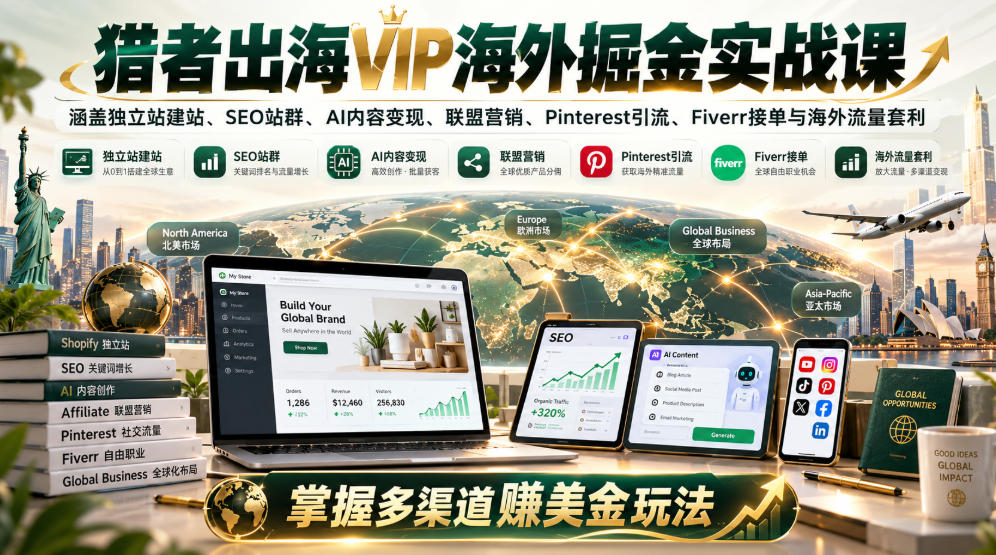 猎者出海VIP海外掘金实战课：涵盖独立站、SEO站群、AI变现、联盟营销、Pinterest引流、Fiverr接单与海外流量套利，掌握多渠道賺美金玩法-副业资源站