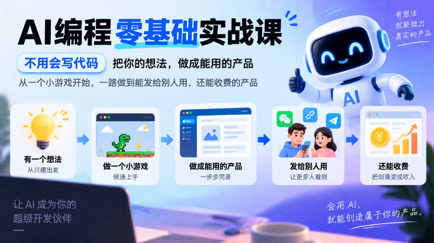 AI编程零基础实战课，不用会写代码，把你的想法，做成能用的产品，从一个小游戏开始，一路做到能发给别人用、还能收费的产品-副业资源站