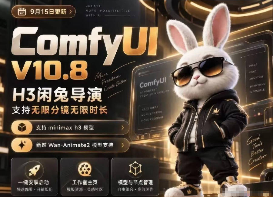 ComfyUI V10.8中文整合包，H3闲兔导演，支持无限分镜无限时长，1000+工作流，动作迁移，角色替换，视频一致性，口型同步，低显存可用-副业资源站