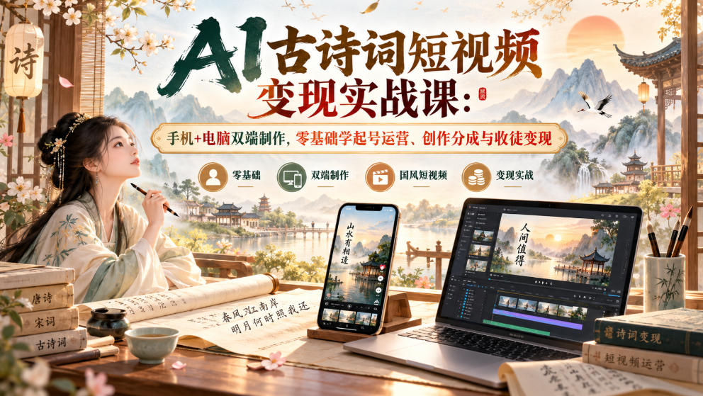 AI古诗词短视频变现实战课：手机+电脑双端制作，零基础学起号运营、创作分成与收徒变现-副业资源站