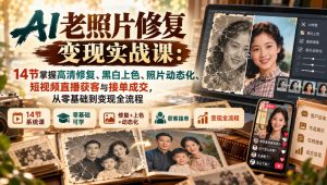 AI老照片修复变现实战课：14节掌握高清修复、黑白上色、照片动态化、短视频直播获客与接单成交，从零基础到变现全流程-副业资源站