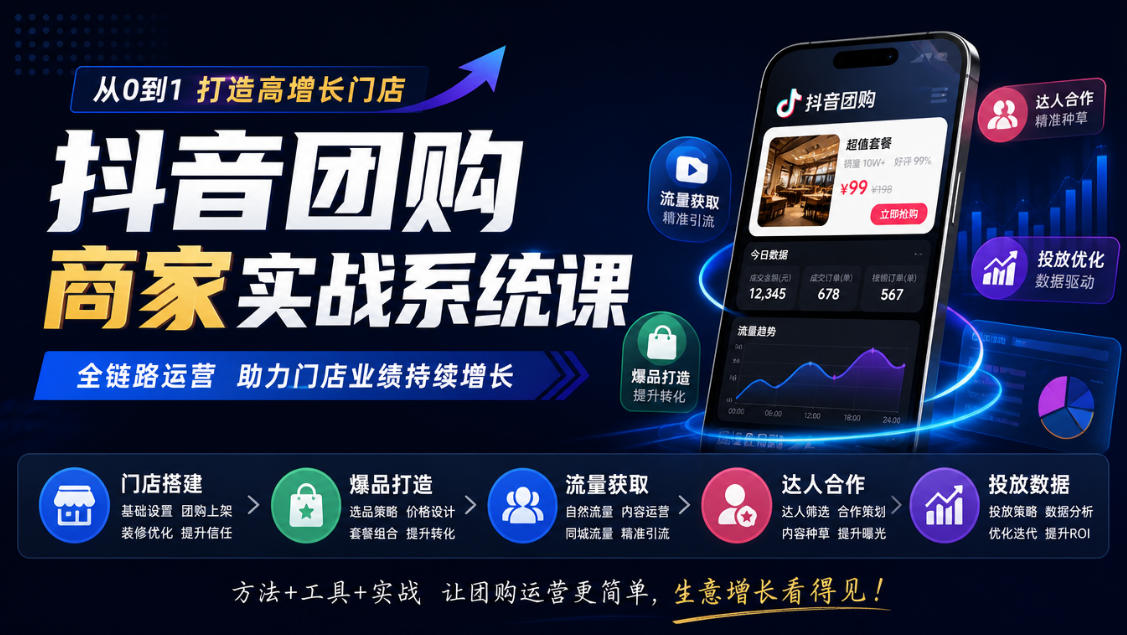 抖音团购商家实战系统课｜门店搭建、爆品打造、流量获取、达人合作、投放数据全链路运营-副业资源站