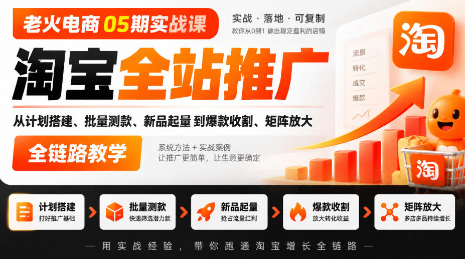老火电商05期实战课｜淘宝全站推广从计划搭建、批量测款、新品起量到爆款收割、矩阵放大全链路教学-副业资源站