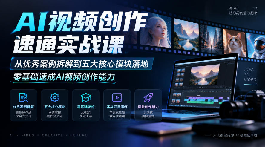 AI视频创作速通实战课｜从优秀案例拆解到五大核心模块落地，零基础速成AI视频创作能力-副业资源站