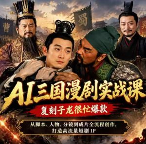 抖音14W粉博主同款AI三国漫剧实战课，复刻子龙很忙爆款，从脚本、人物、分镜到成片全流程创作，打造高流量短剧IP-副业资源站